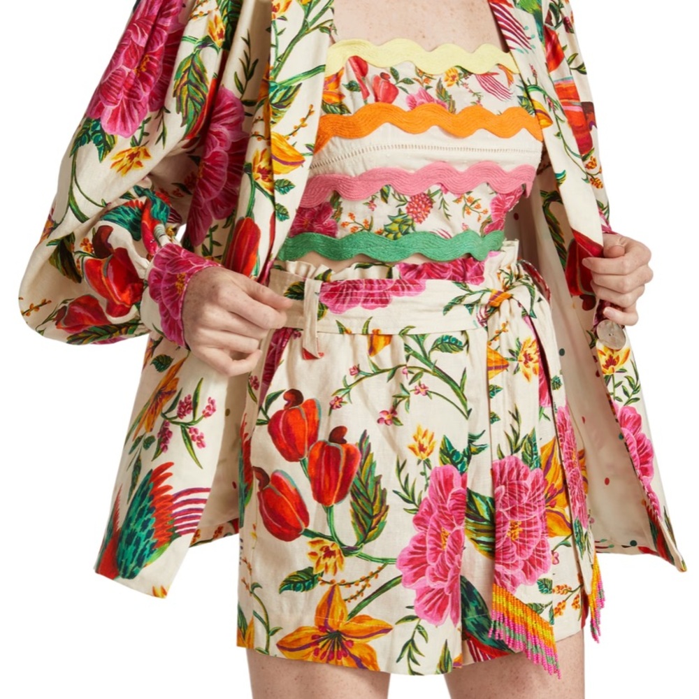 Farm Rio NWT Women’s M Toucan’s Garden Linen Floral Button Down Blazer Long Sl - Picture 9 of 9